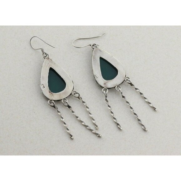 Sterling Silver Green Onyx Dangle Drop Earrings Large Bold - Picture 7 of 7